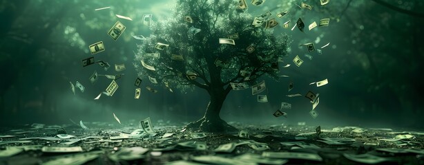 a tree with money falling from it - obrazy, fototapety, plakaty