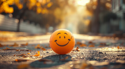 smiley face drawn on an orange ball, sitting in the middle of a city street with sunlight streaming through trees