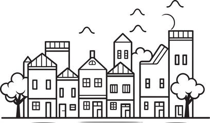 Townscape Tapestry: Vector Icon of Simple Urban Scene Downtown Dreamscape: Minimalist Line Art Logo