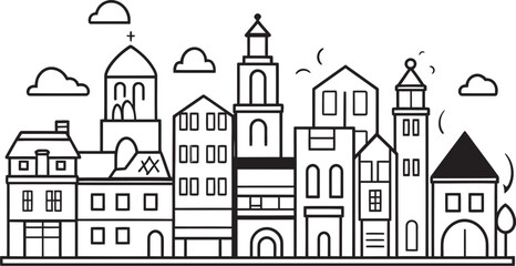 Urban Harmony: Simplified Line Drawing Icon Skyline Sketchbook: Vector Logo of Urban Landscape Sketch