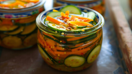Homemade bulgarian pickled vegetables in jar - obrazy, fototapety, plakaty