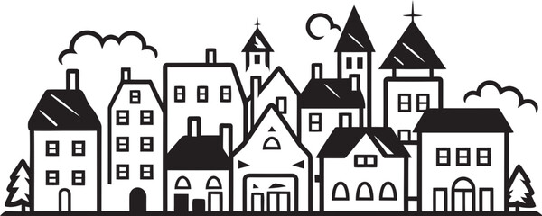 Urban Unity: Vector Logo of Simplistic Cityscape Skyline Scribbles: Clean Townscape Line Art Icon