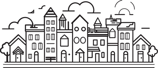Cityscape Sketchbook: Vector Logo of Urban Landscape Sketch Downtown Delight: Simplistic Line Drawing Emblem