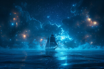 A sailor navigating the open sea, guided by the stars in the distant night sky. Concept of maritime exploration. Generative Ai. - obrazy, fototapety, plakaty
