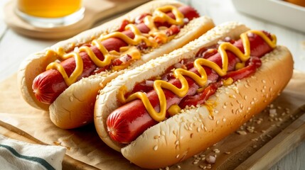 Gourmet hotdogs with mustard and ketchup on sesame bread as delicious fast-food option - obrazy, fototapety, plakaty