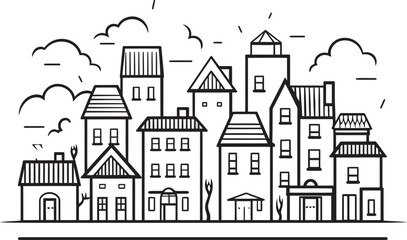 Obraz premium Skyline Sketchbook: Clean Townscape Line Art Logo Metropolitan Mosaic: Simplistic Townscape Vector Icon