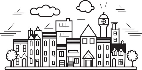 Cityscape Clarity: Vector Icon of Basic Urban Scene Architectural Abstraction: Clean Townscape Line Drawing Emblem
