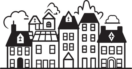 Downtown Delight: Vector Icon of Urban Landscape Skyline Silhouette: Clean Townscape Line Art Logo