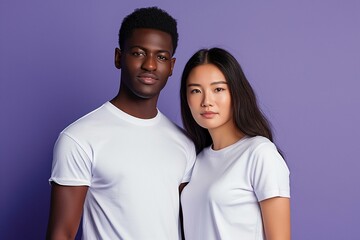 Fototapeta premium East Asian Woman and African-American Man Posing Together in White Tees
