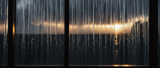 Rain on window against sunset background - obrazy, fototapety, plakaty