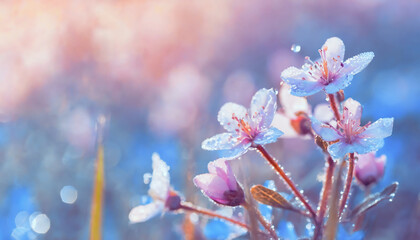 Beautiful spring flowers on a meadow in the rays of the setting sun with morning dew
 - Powered by Adobe