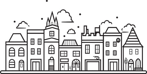 Fototapeta premium Architectural Essence: Simple Townscape Line Art Icon Skyline Silhouette: Vector Logo Featuring Urban Landscape