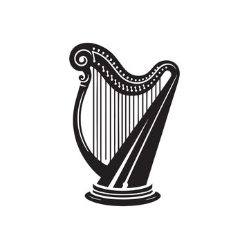 Harmonious Elevation: Detailed Harp Silhouette Illustration, Accompanied by Sleek Vector Design, Harp Silhouette - Harp Illustration - Minimallest Harp Vector
