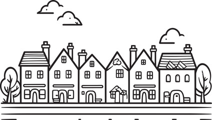 Naklejka premium Skyline Silhouette: Minimalistic Townscape Vector Graphics Cityscape Harmony: Basic Line Drawing Townscape Icon