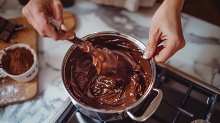 Steel bowl of chocolate being melted on a table. Young woman chocolatier mixing the melted chocolate. World chocolate day concept. Generative ai