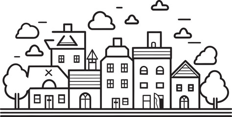 Naklejka premium Architectural Essence: Vector Logo Featuring Basic Urban Landscape Cityscape Canvas: Minimalistic Townscape Line Drawing Logo