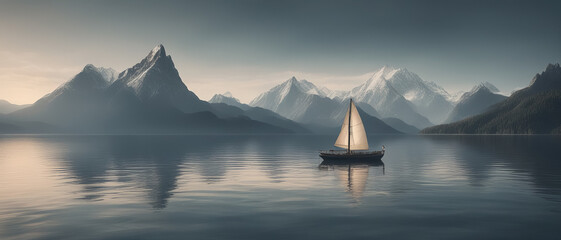 Sailboat against mountain backdrop