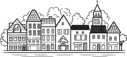 Cityscape Composition: Simple Townscape Line Drawing Icon Cityscape Sketch: Vector Logo Design of Urban Landscape