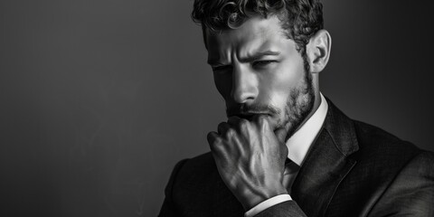 Fashion Photography Portrait of Thoughtful Man, Monochrome, Elegant Man in Suit Pondering, Black...