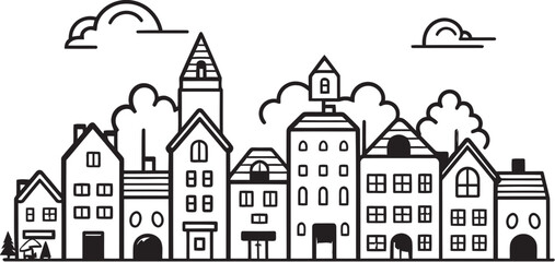 Townscape Tranquility: Simplistic Line Drawing Logo Skyline Schematic: Vector Icon of Urban Landscape