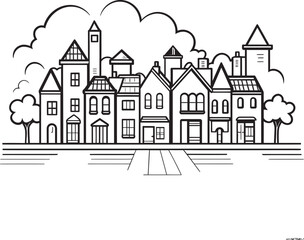 Obraz na płótnie Canvas Cityscape Symmetry: Vector Logo Featuring Simplistic Townscape Downtown Dynamics: Simplistic Line Drawing Icon
