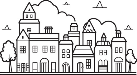 Townscape Texture: Vector Logo Design of Urban Landscape Skyline Sketch: Simple Line Drawing Logo
