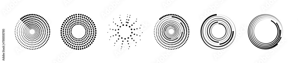 Wall mural halftone circular dotted frames set. set of black thick halftone dotted speed lines. speed lines in 