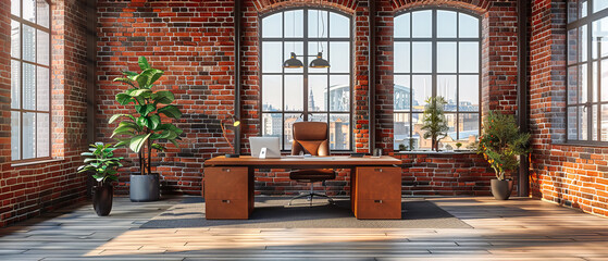 Modern Office Interior with Wooden Furniture, Sleek Design, Comfortable Workplace Setup