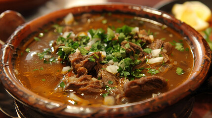 Traditional bulgarian beef soup in clay pot - obrazy, fototapety, plakaty