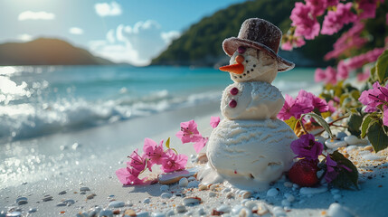 A snowman made of vanilla ice cream, standing by the beach on a hot summer day.