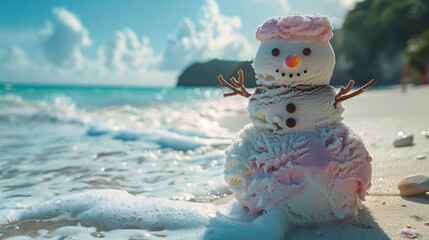 A snowman made of vanilla ice cream, standing by the beach on a hot summer day.