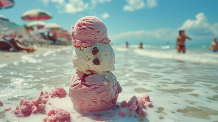 A snowman made of vanilla and strawberry ice cream, standing by the beach on a hot summer day.