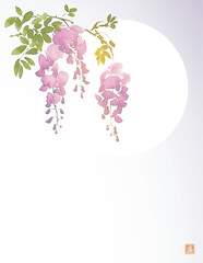 Ink painting of pink wisteria flowers and big sun. Traditional oriental ink painting sumi-e, u-sin, go-hua. Hieroglyph - bloom - 780058915