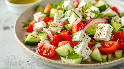 Fresh bulgarian shopska salad on table