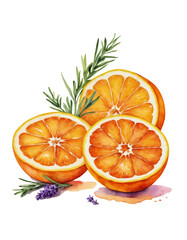 Watercolor fresh oranges with lavender flowers  and rosemary leaves on a transparent background.  Botanical image perfect for design, cards, poster, textile, menu.
