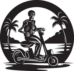 Seaside Skele-Cruise: Beach Vector Emblem Skele-Scooter Shoreline: Vector Logo Design of Beach Scooter