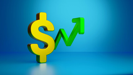 3d growth arrow of the dollar on blue background. Investing in currency on blue background. Business financial trading concept. Financial graph with dollar sign on blue background.