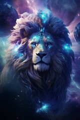 A lion with glowing eyes and a crown on its head, symbolizing power and majesty. The lions mane is made of stardust, adding to its celestial aura