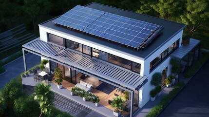 New luxury house architecture with solar panels system on the roof. Renewable energy and ecology concept. - obrazy, fototapety, plakaty