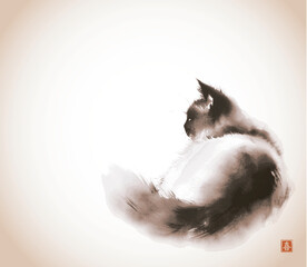 Ink painting of fluffy cat. Traditional Japanese ink wash painting sumi-e in vintage style. Hieroglyph - joy - 780059569