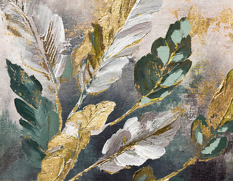 Abstract background with golden leaves. Oil painting on canvas. Fragment of artwork.	