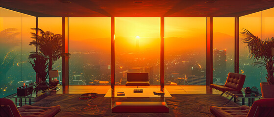 Modern Office with City View at Sunset, Businessman Contemplating Urban Skyline, Sleek and Professional Workspace