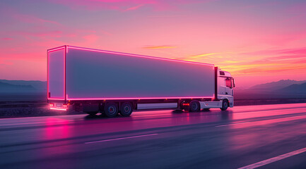 semi-truck driving along a desert highway under a dramatic pink sunset