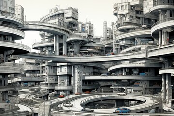 A detailed drawing of cars navigating through a stack interchange with multiple levels