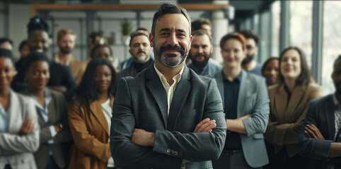 Diverse group of business people team standing in an office, smiling and looking at the camera with arms crossed. A man posing as the leader is in the center posing for a portrait