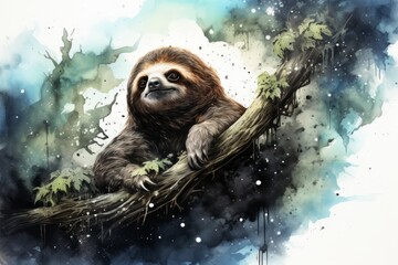 Naklejka premium A painting of a sloth from the galaxy, casually sitting on a tree branch in a cosmic setting