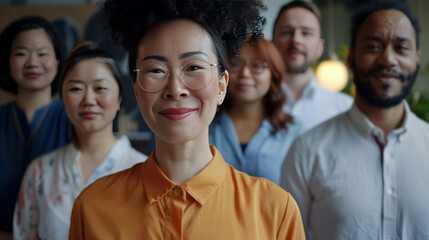 Obraz premium Diverse group of business people team standing in an office, smiling and looking at the camera with arms crossed. A man posing as the leader is in the center posing for a portrait