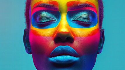 Beautiful woman with creative colorful makeup on black background. Girl with vivid face art. Fashion or cosmetics concept. Illustration for cover, card, interior design, poster, brochure, presentation