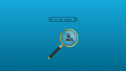 We're hiring a red vector banner.  Employee vacancy announcement with a Magnifying Glass on a blue background.