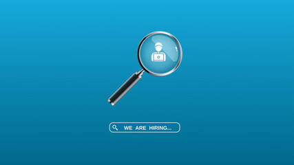 We're hiring a red vector banner.  Employee vacancy announcement with a Magnifying Glass on a blue...